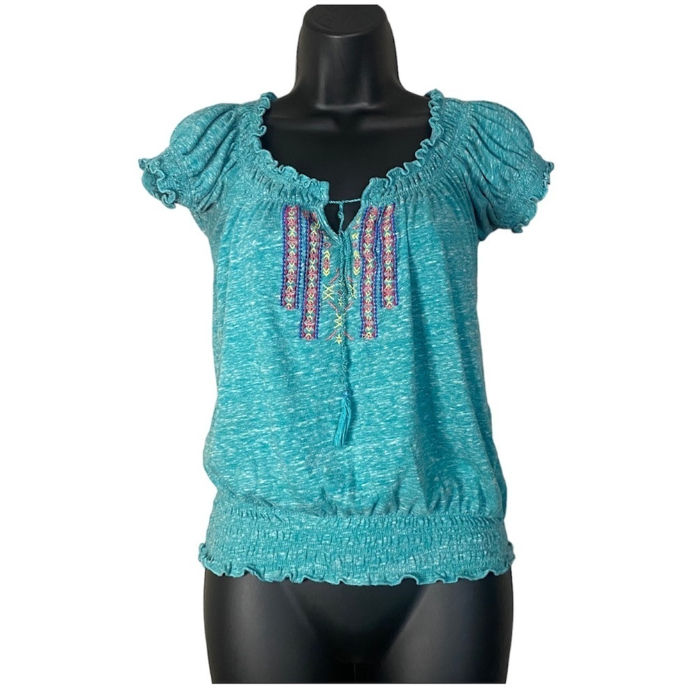 RUE 21 Blue Marbled Scrunch Sleeves Waist Tribal Front Print Blouse